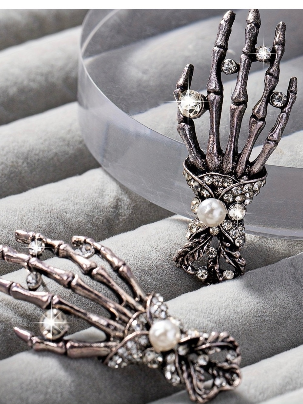 Vintage-Inspired Gunmetal Skeleton Hand Earrings with Pearls and Crystals